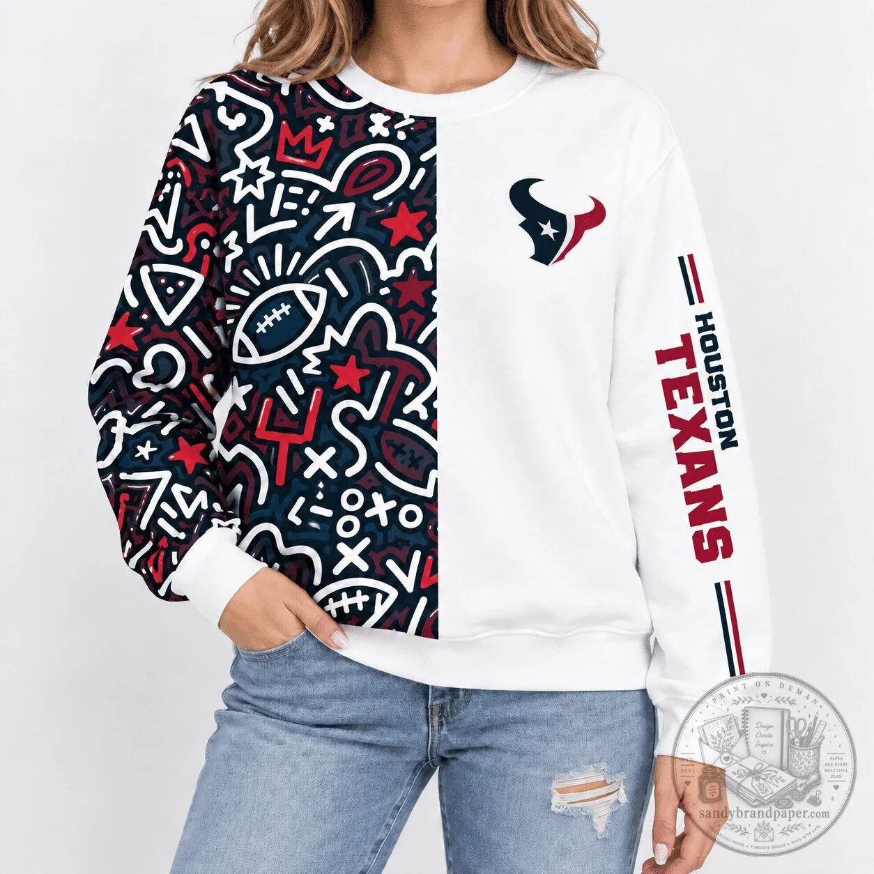 Houston Texans NFL Pop Art Doodle White and Red Football Fan Sweatshirt