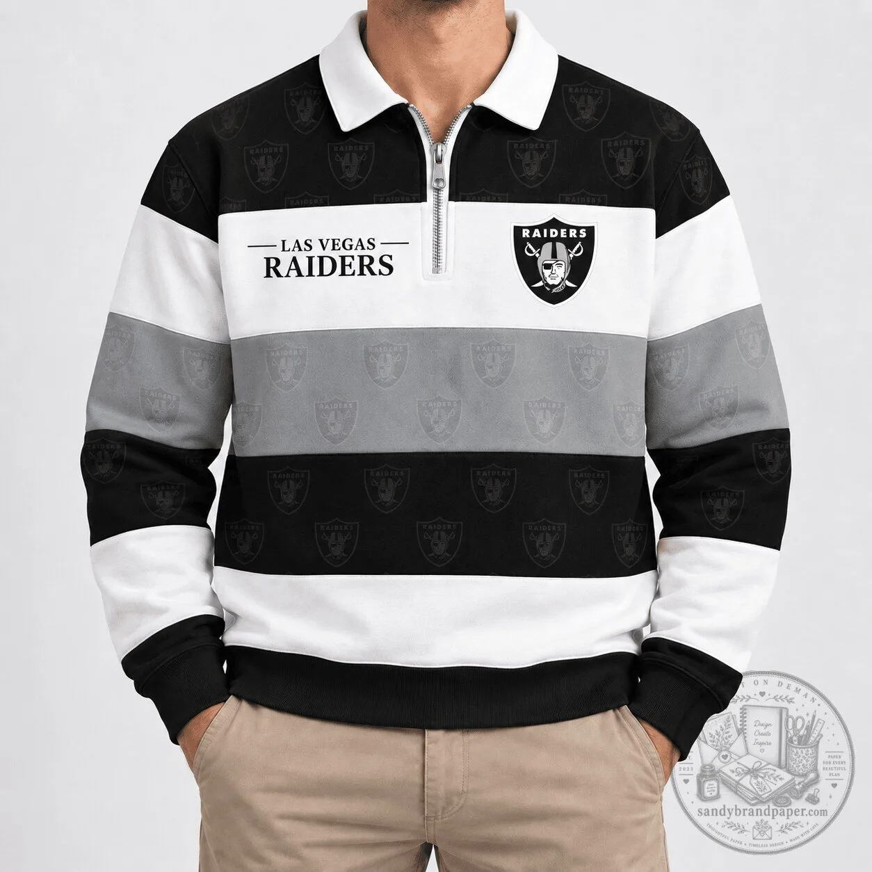 Las Vegas Raiders Quarter-Zip Polo Shirt for Men, Black and White Striped