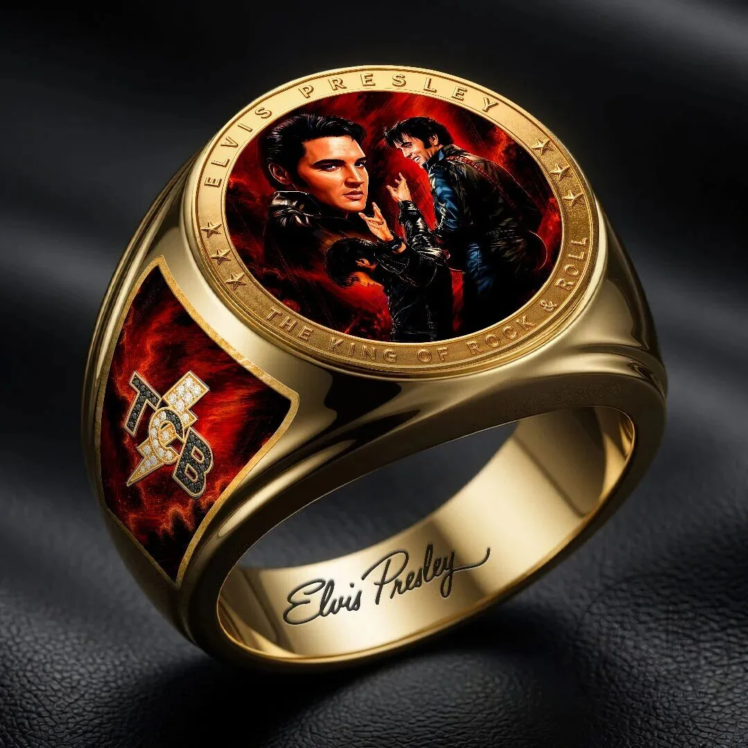 Elvis Presley The King of Rock and Roll Gold Tone Engraved Ring