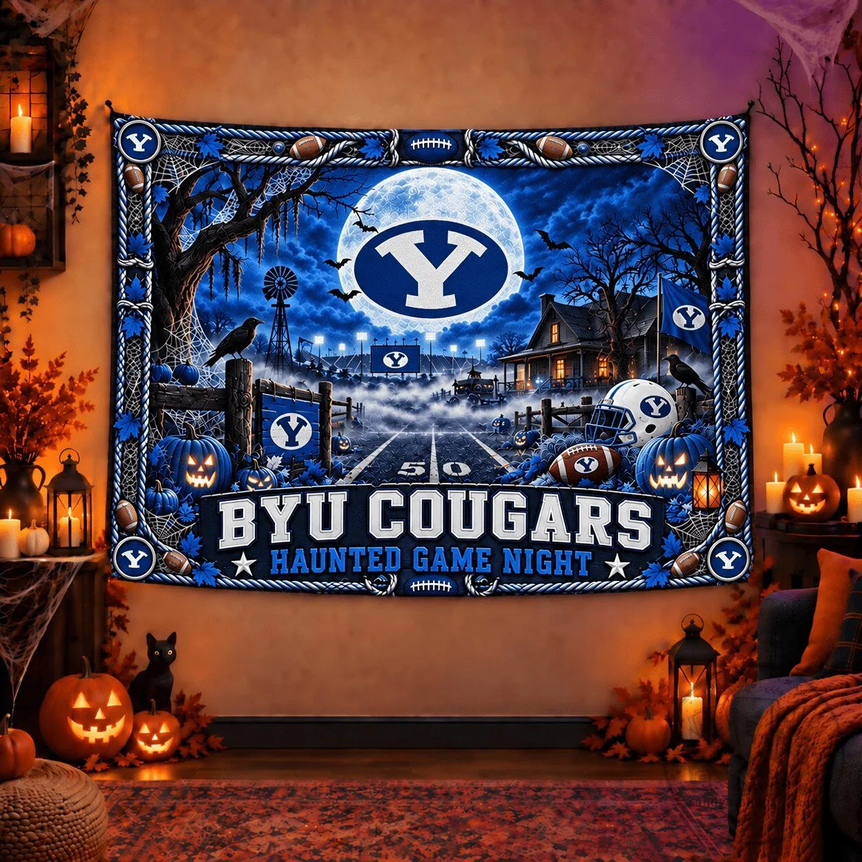 BYU Cougars Haunted Game Night Halloween Wall Tapestry