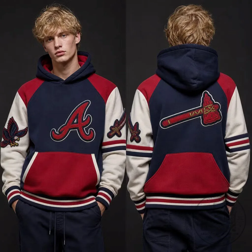 Atlanta Braves Baseball Team Red and Navy Blue Colorblock Pullover Hoodie