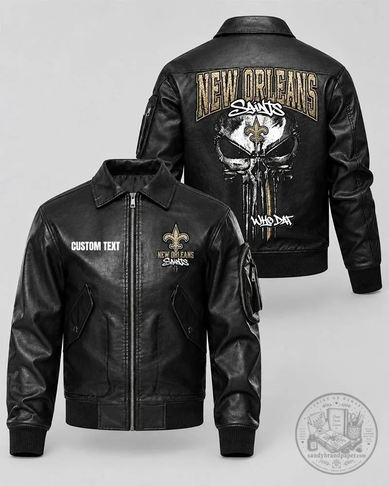 New Orleans Saints Skull Design Black Leather Bomber Jacket