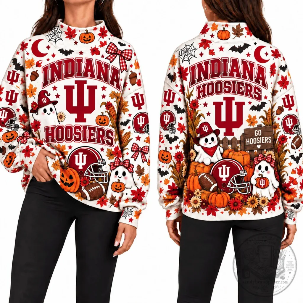 Indiana Hoosiers Halloween Pumpkin Ghost Autumn Leaves Pattern Sweatshirt Indiana Hoosiers Halloween Pumpkin Ghost Autumn Leaves Pattern Sweatshirt