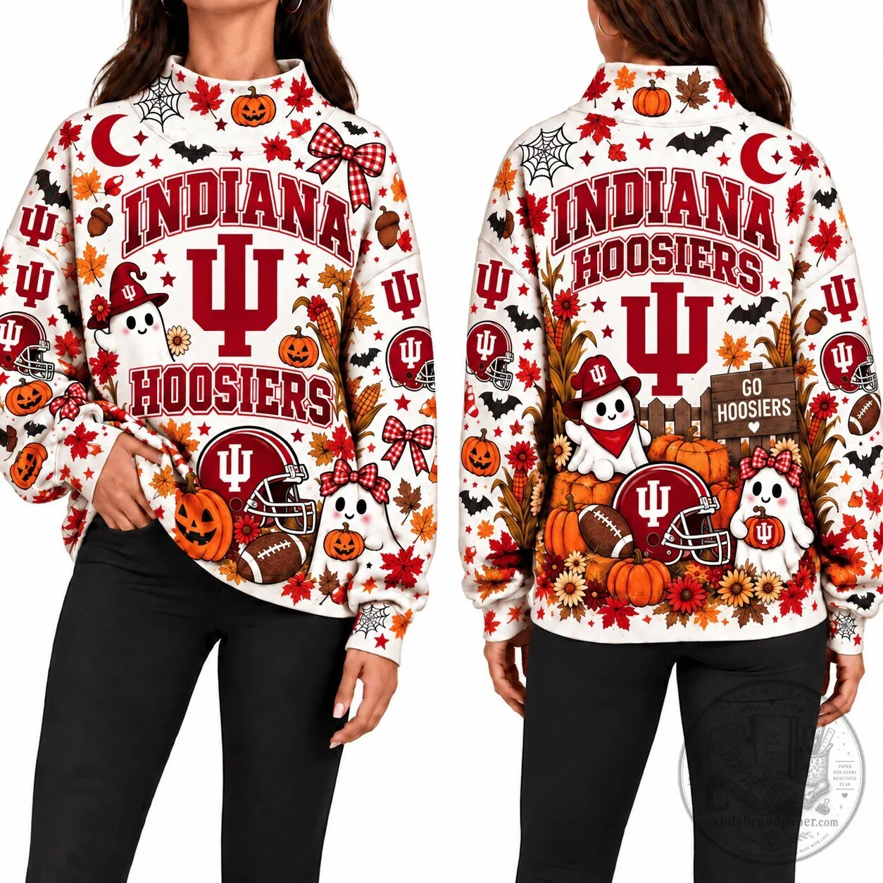 Indiana Hoosiers Halloween Pumpkin Ghost Autumn Leaves Pattern Sweatshirt