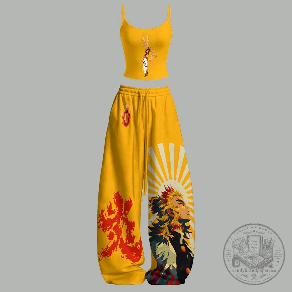 Demon Slayer Rengoku Kyojuro Anime Character Tank Top and Pants Set