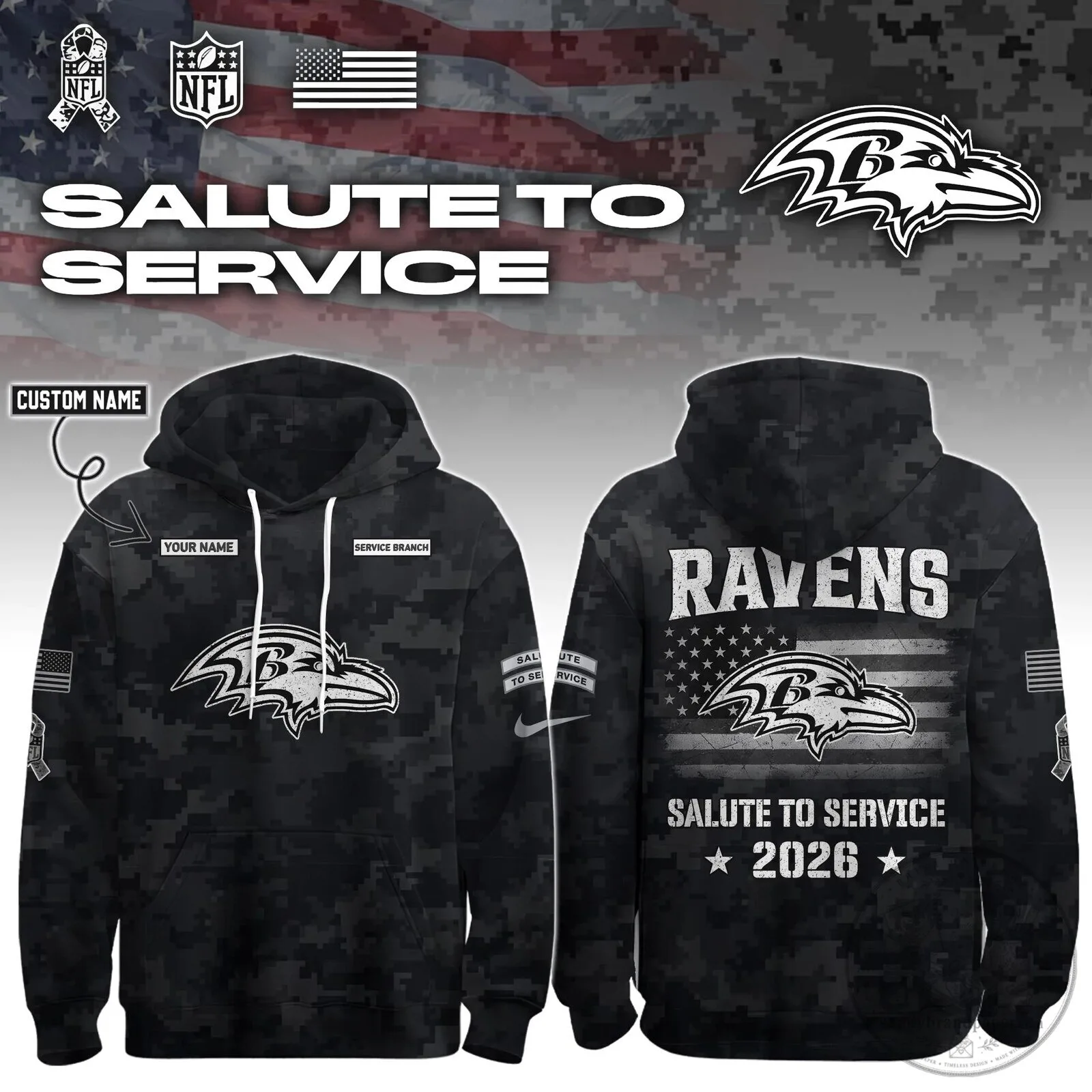 Baltimore Ravens Salute To Service 2026 Custom Name Camouflage Hoodie