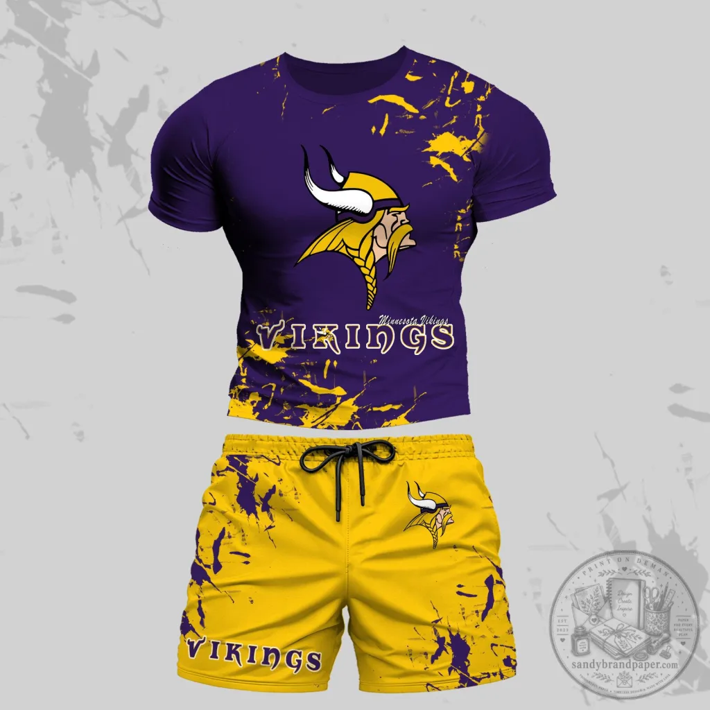 Minnesota Vikings Football Team Logo Purple and Yellow Splatter Paint T-Shirt and Shorts Set Minnesota Vikings Football Team Logo Purple and Yellow Splatter Paint T-Shirt and Shorts Set
