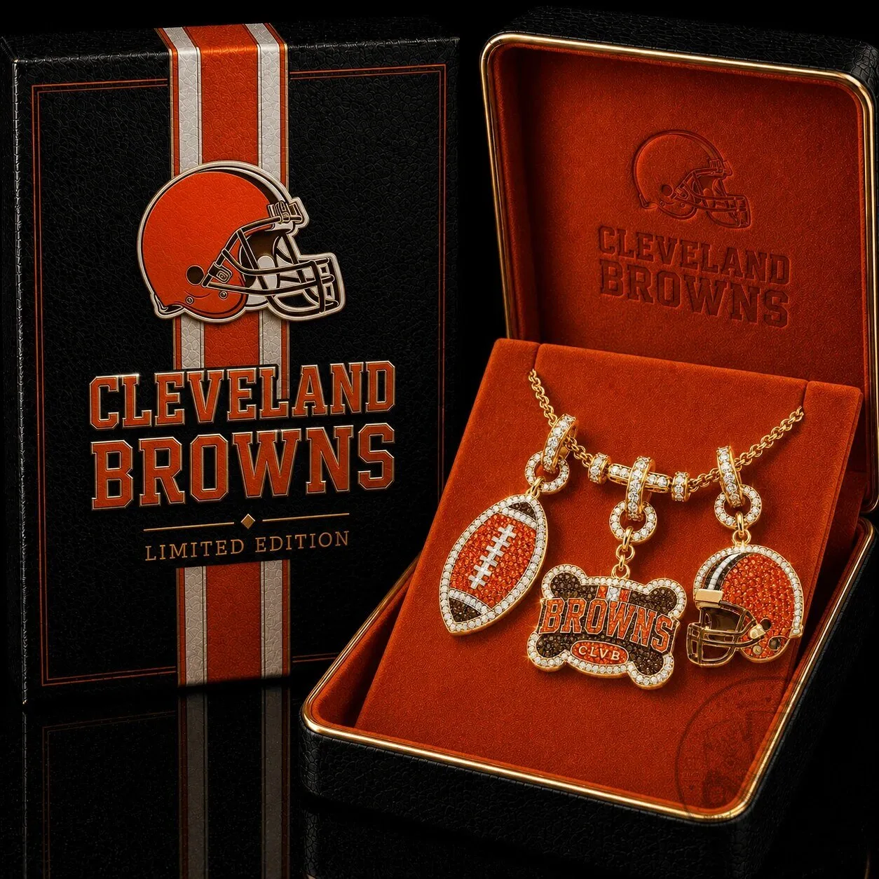 Cleveland Browns Football Helmet and Bone Charm Pendant Necklace
