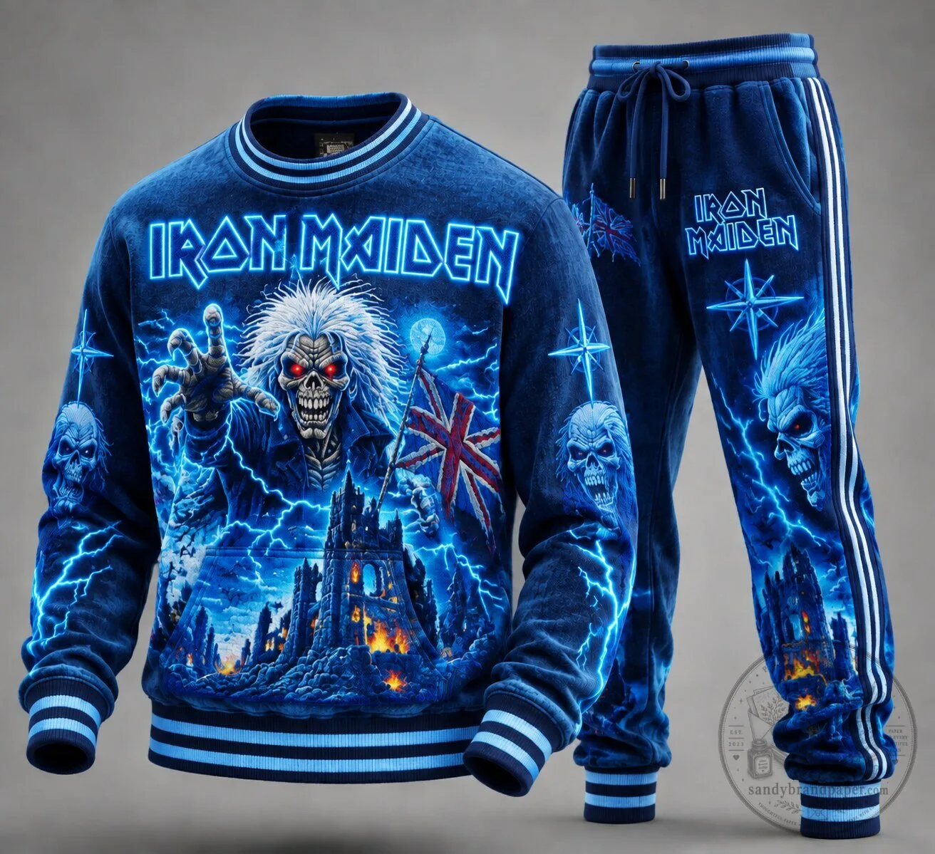 Iron Maiden Blue Lightning Eddie Skull Castle Graphic Sweatshirt