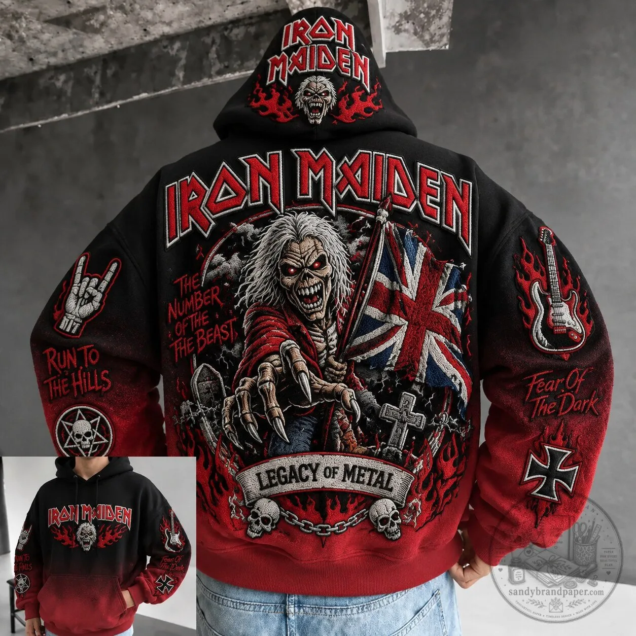 Iron Maiden Legacy of Metal Eddie The Trooper Black Red Gradient Pullover Hoodie