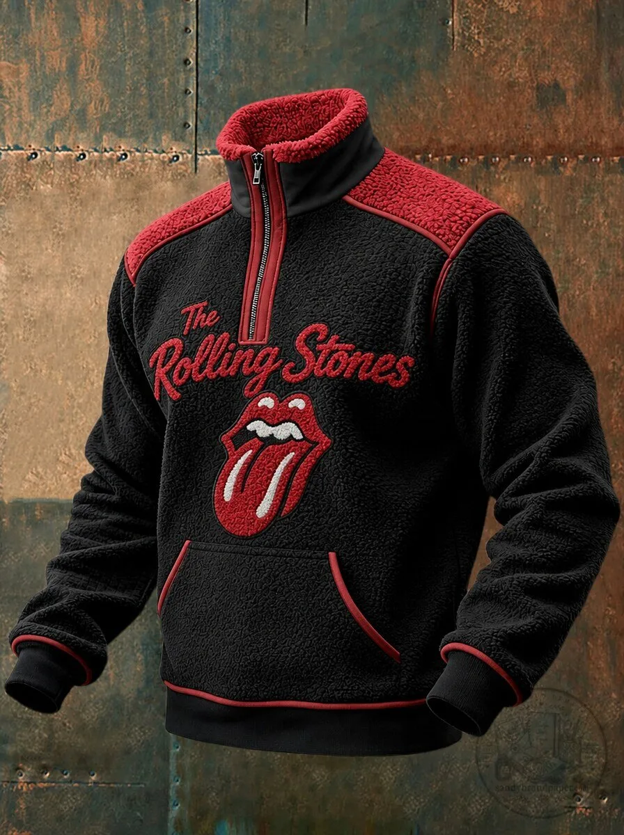 The Rolling Stones Classic Tongue Logo Black Fuzzy Fleece Pullover Sweatshirt
