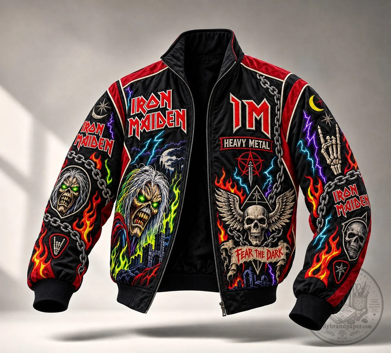 Iron Maiden Heavy Metal Fear The Dark Skull And Flame Full-Zip Bomber Jacket