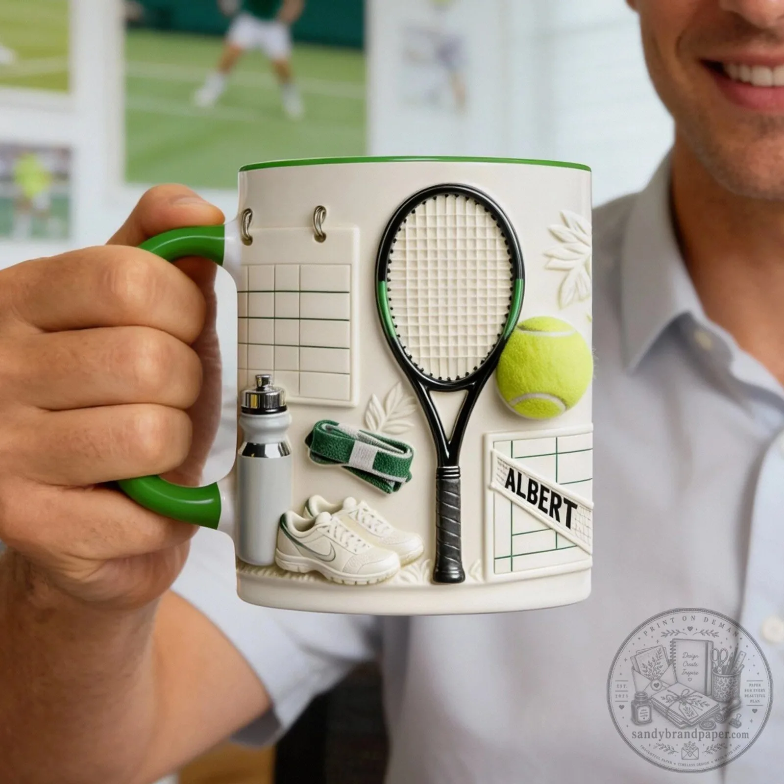 Personalized Tennis Themed Mug with 3D Racquet and Ball Design