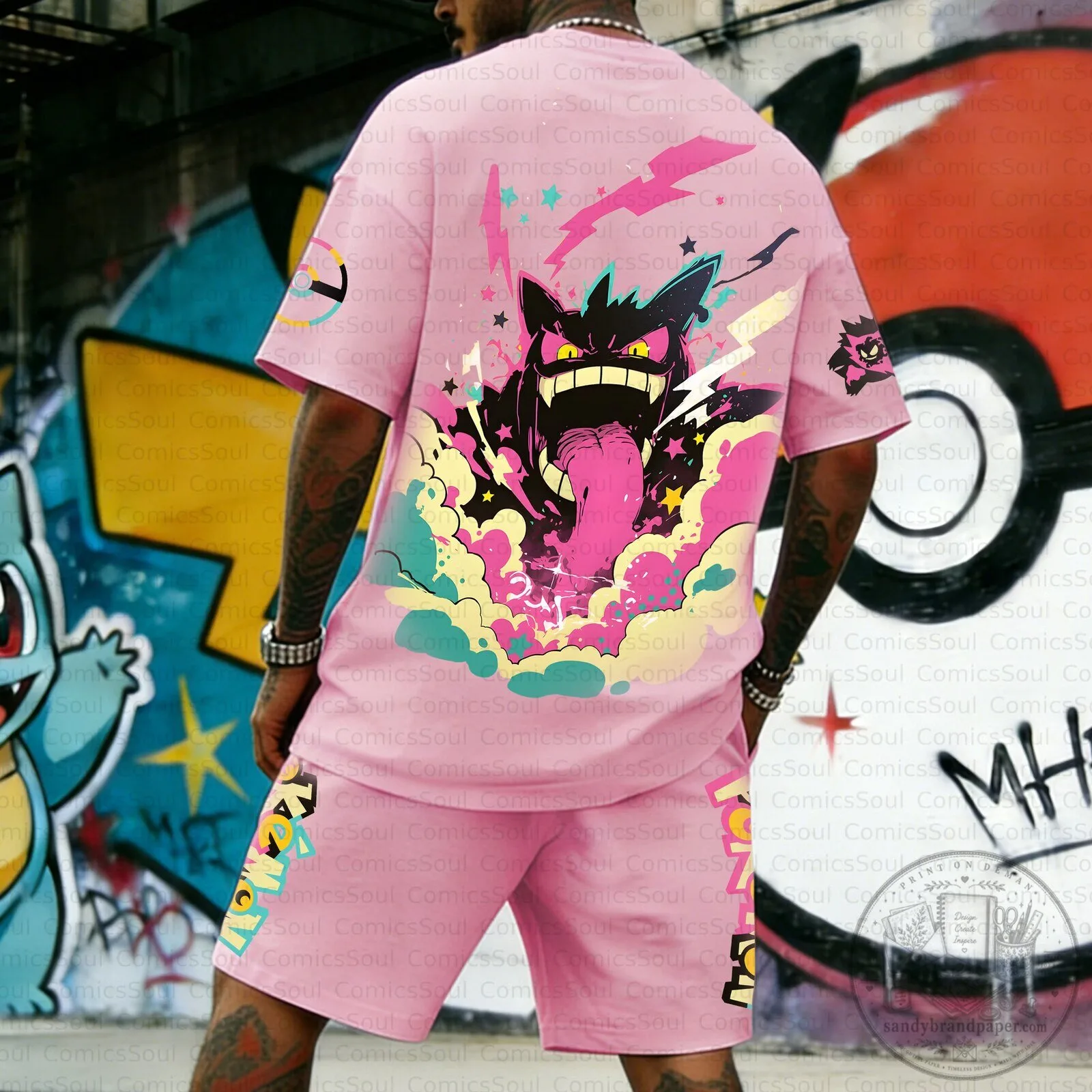 Gengar Pokémon Anime Character Pink T-Shirt and Shorts Set