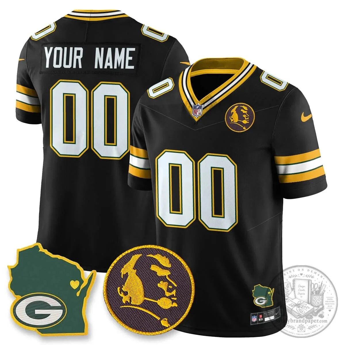 Custom Black Football Jersey for Green Bay Packers featuring John Madden 7 Custom Black Football Jersey for Green Bay Packers featuring John Madden