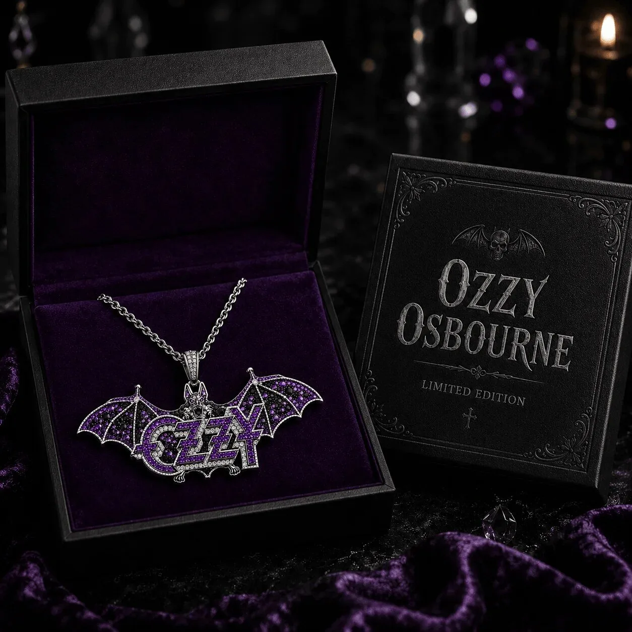 Ozzy Osbourne Bat Wing Logo Silver Chain Diamond Pendant Necklace