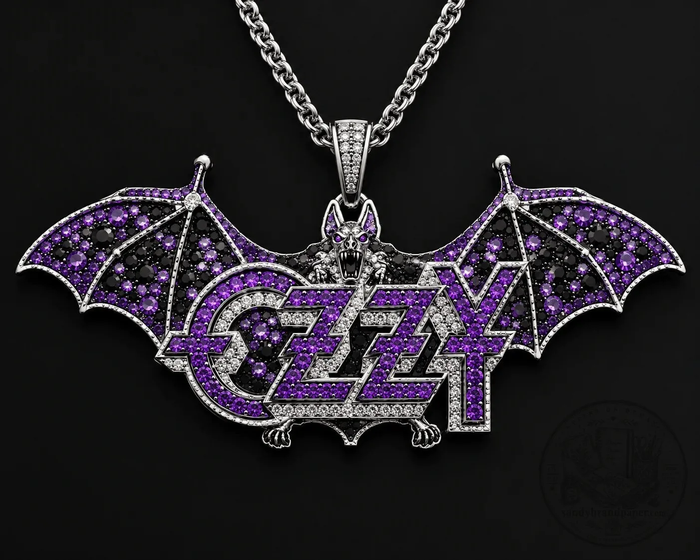 Ozzy Osbourne Bat Wing Logo Silver Chain Diamond Pendant Necklace 5 Ozzy Osbourne Bat Wing Logo Silver Chain Diamond Pendant Necklace