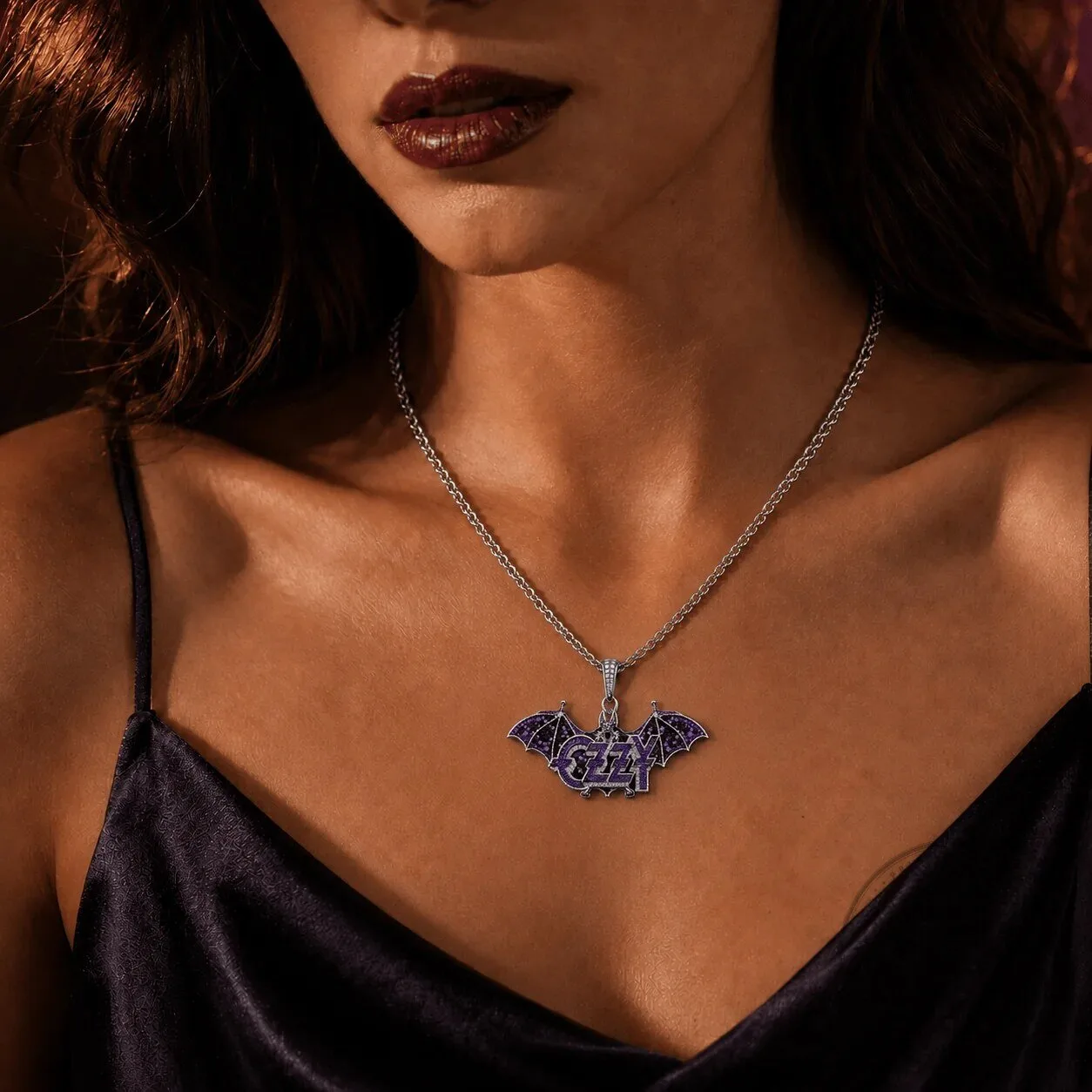 Ozzy Osbourne Bat Wing Logo Silver Chain Diamond Pendant Necklace 6 Ozzy Osbourne Bat Wing Logo Silver Chain Diamond Pendant Necklace