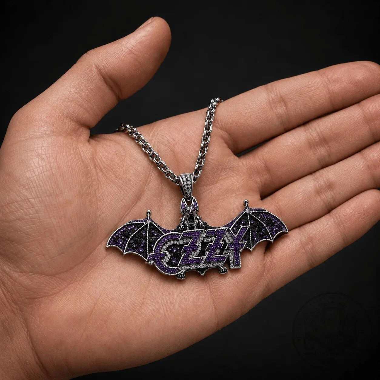 Ozzy Osbourne Bat Wing Logo Silver Chain Diamond Pendant Necklace 7 Ozzy Osbourne Bat Wing Logo Silver Chain Diamond Pendant Necklace