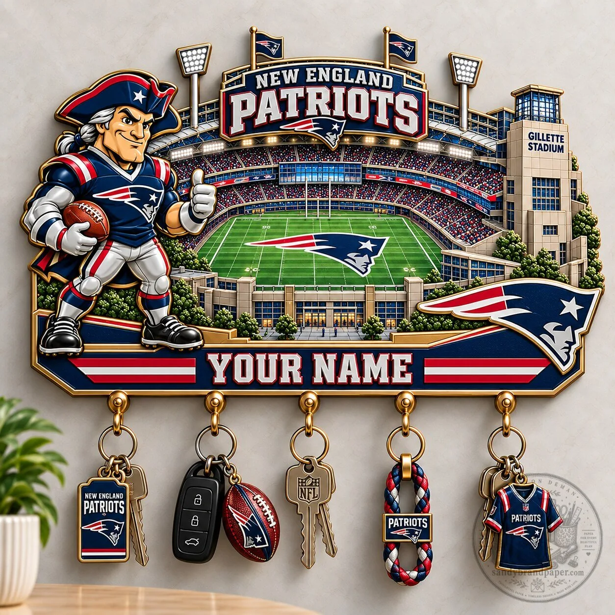 New England Patriots Gillette Stadium Wall Key Holder with Custom Name