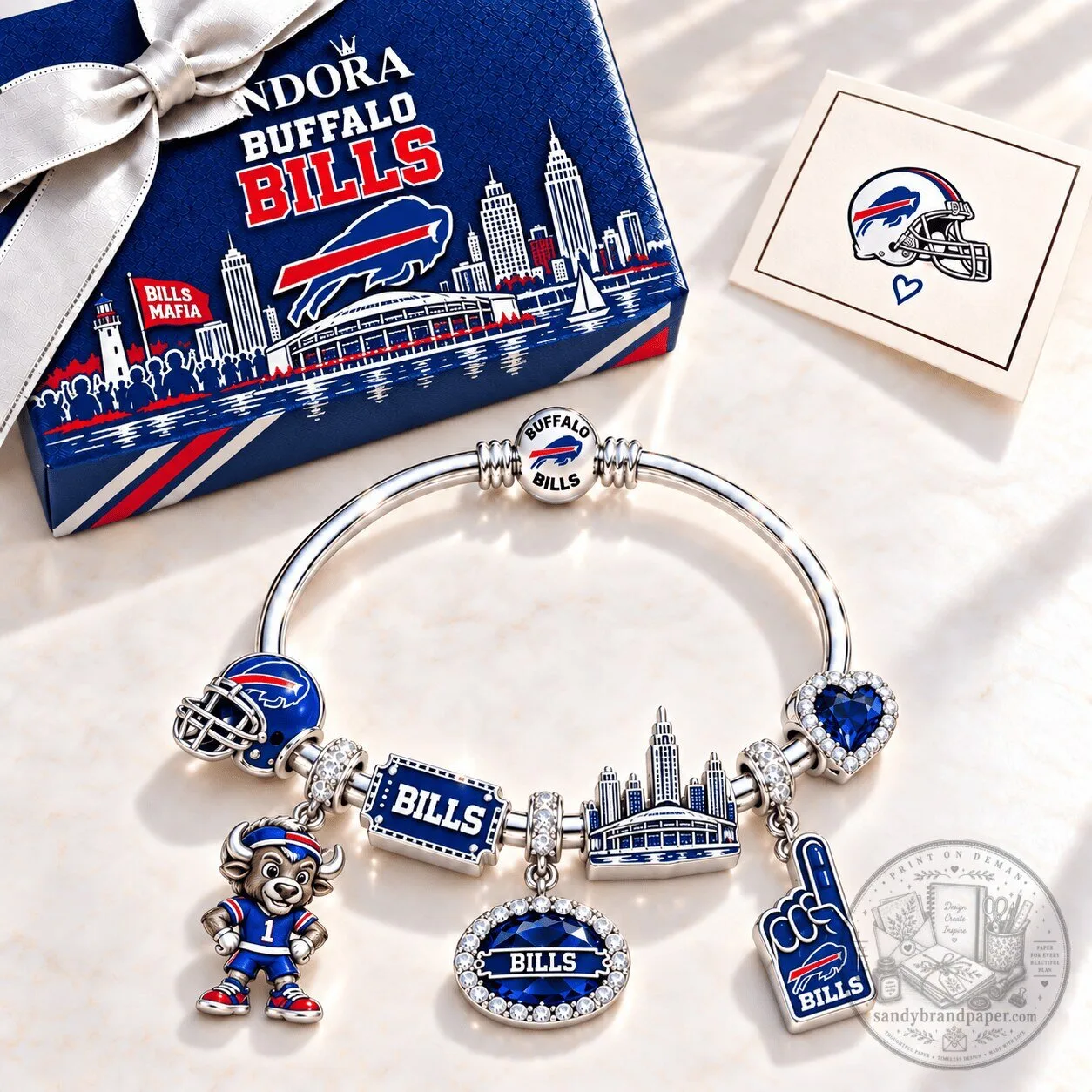 Buffalo Bills Football Team Silver Charm Bracelet with Pandora Style Charms