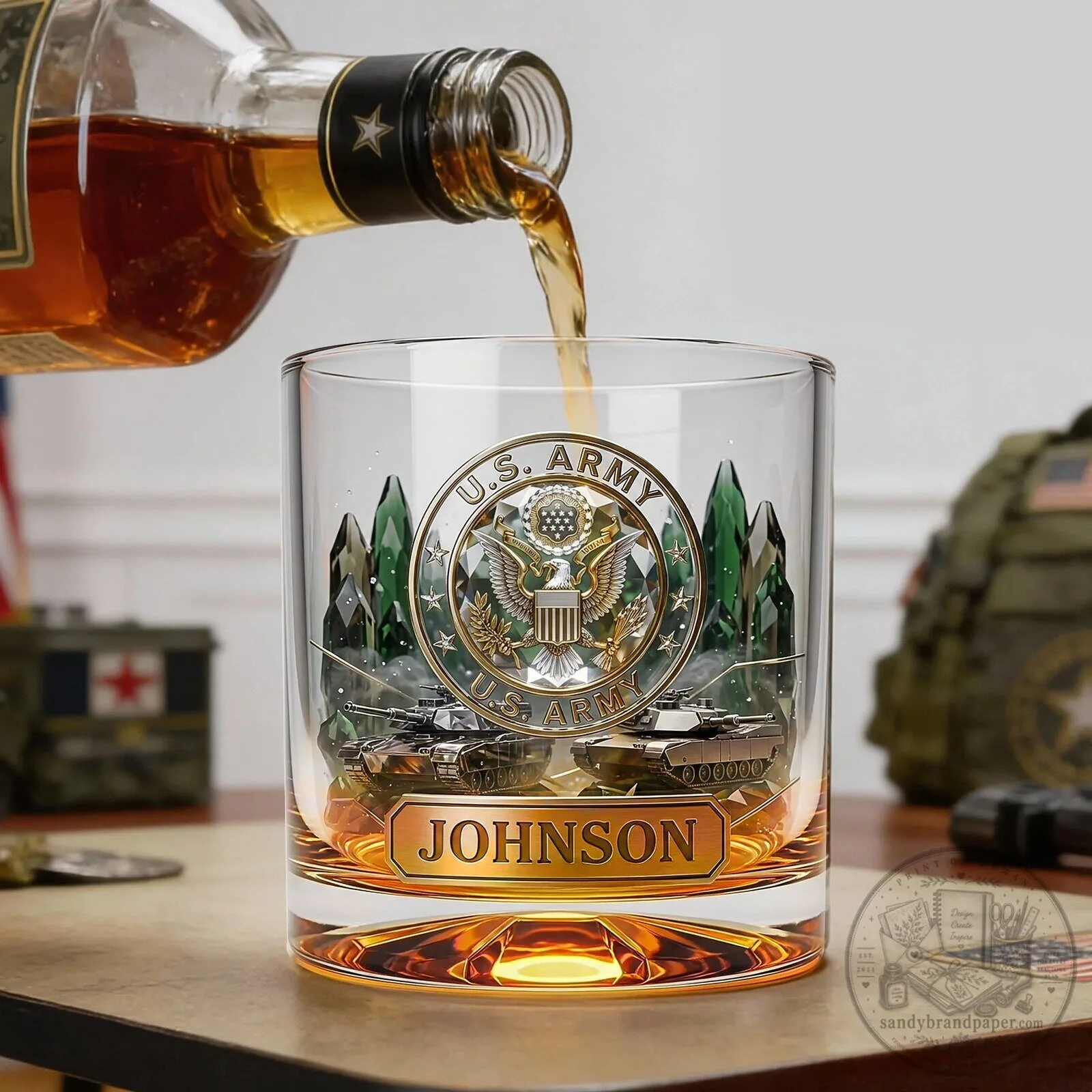 United States Army Personalized Whiskey Glass with Tank Design