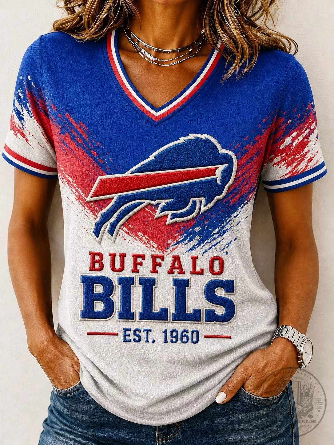 Buffalo Bills Women's Distressed Logo V-Neck Short Sleeve Football T-Shirt