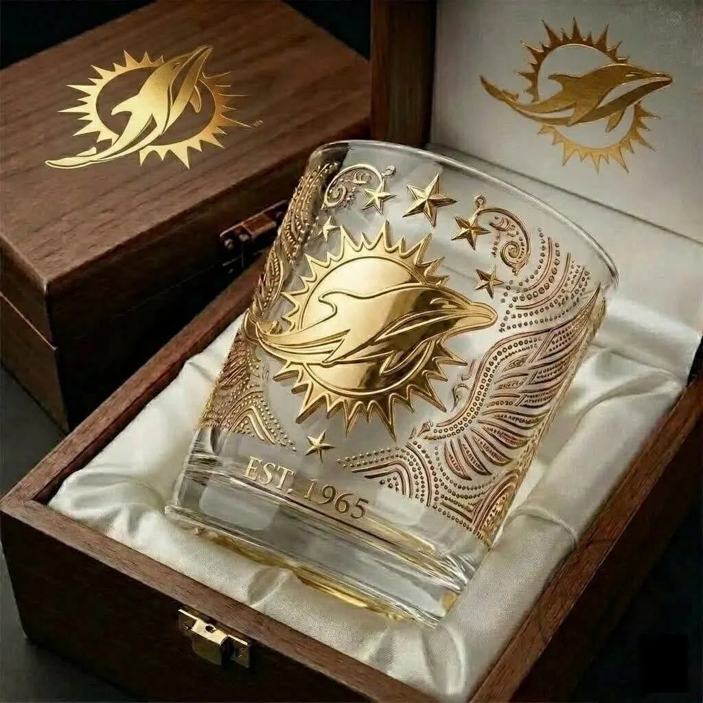 Miami Dolphins Gold Tribal Pattern Est 1965 Whiskey Drinking Glass