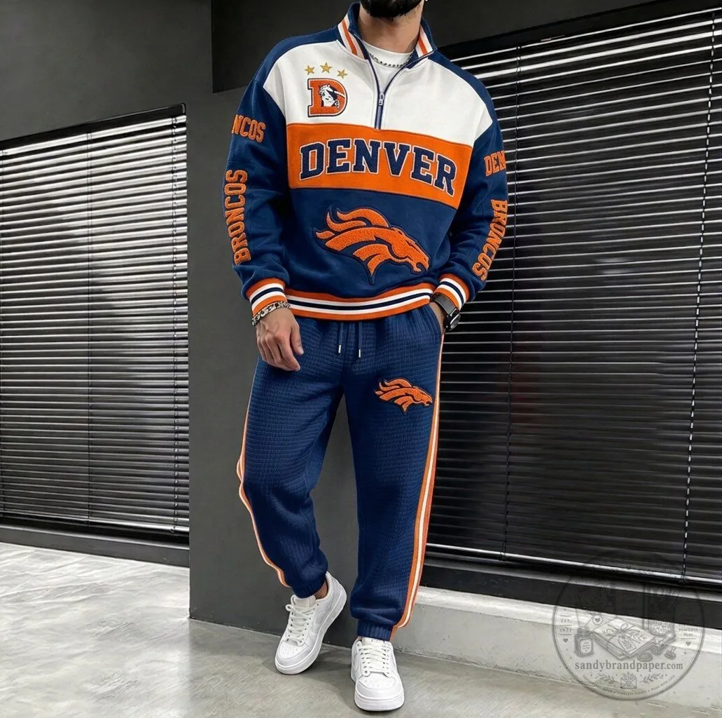 Denver Broncos Football Team Half-Zip Pullover Sweatshirt and Jogger Pants Set