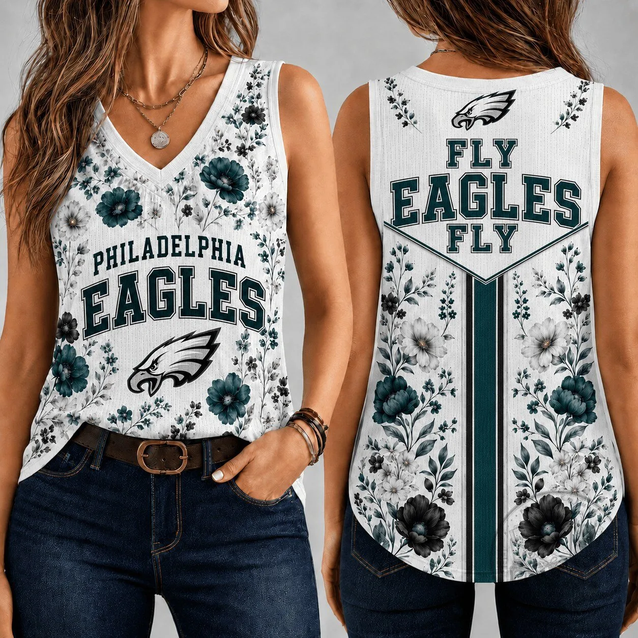 Women's V-Neck Tank Top for Game Day featuring Philadelphia Eagles Floral Vintage Design