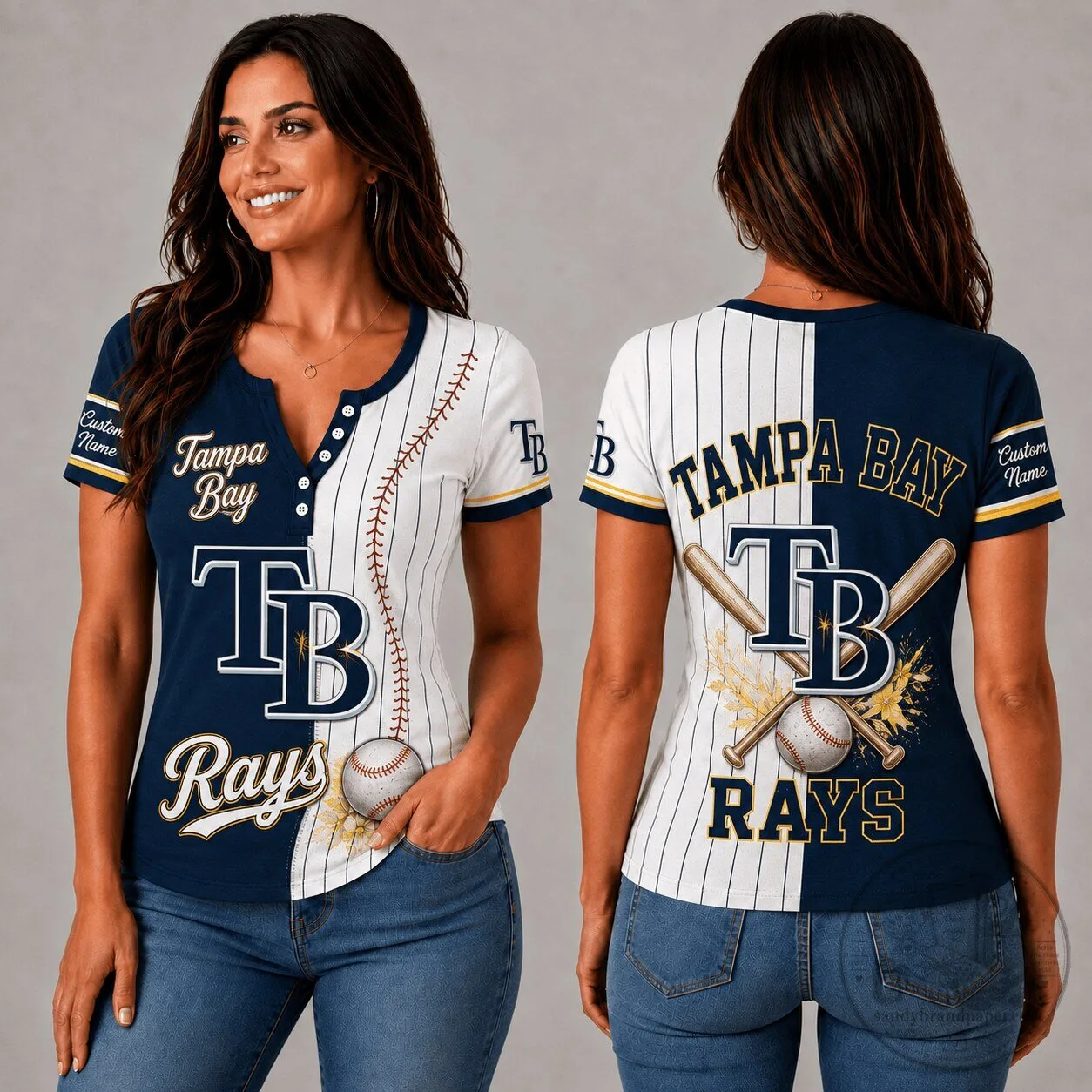 Tampa Bay Rays MLB Fan Shirt Personalized Women's Button V-Neck Short Sleeve T-Shirt