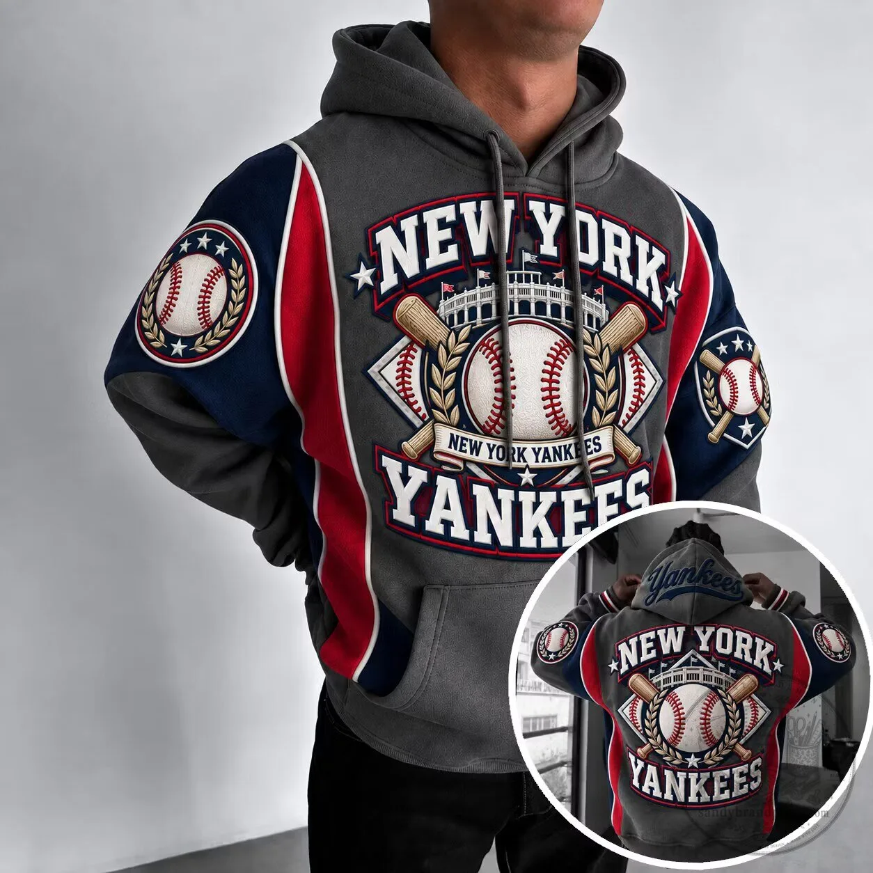 New York Yankees Baseball Team Logo Gray and Red Fan Hoodie