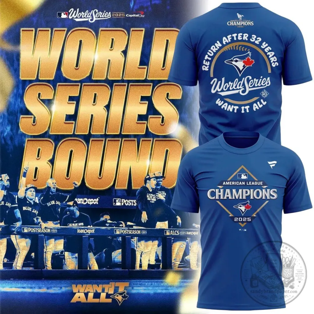Men's blue t-shirt celebrating the Toronto Blue Jays World Series Championship