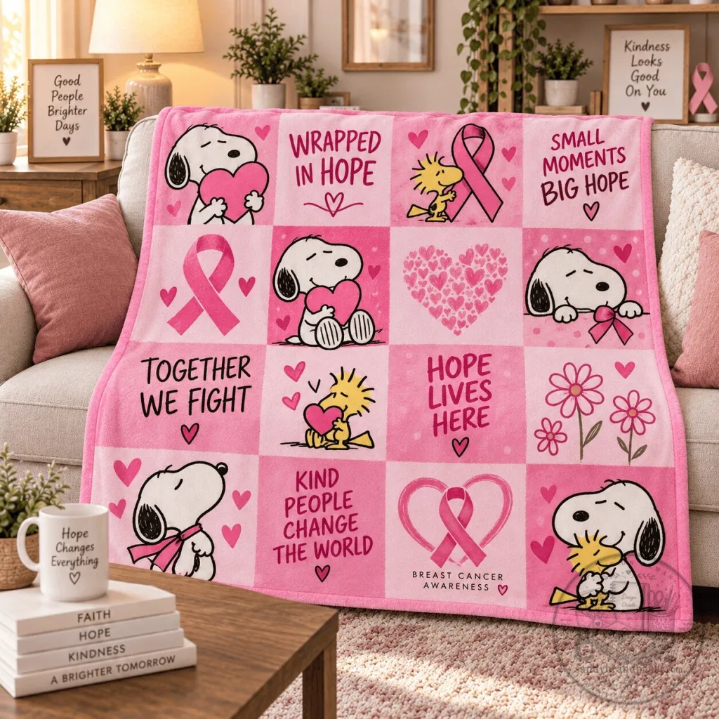 Snoopy and Woodstock Breast Cancer Awareness Pink Patchwork Hope Blanket Snoopy and Woodstock Breast Cancer Awareness Pink Patchwork Hope Blanket