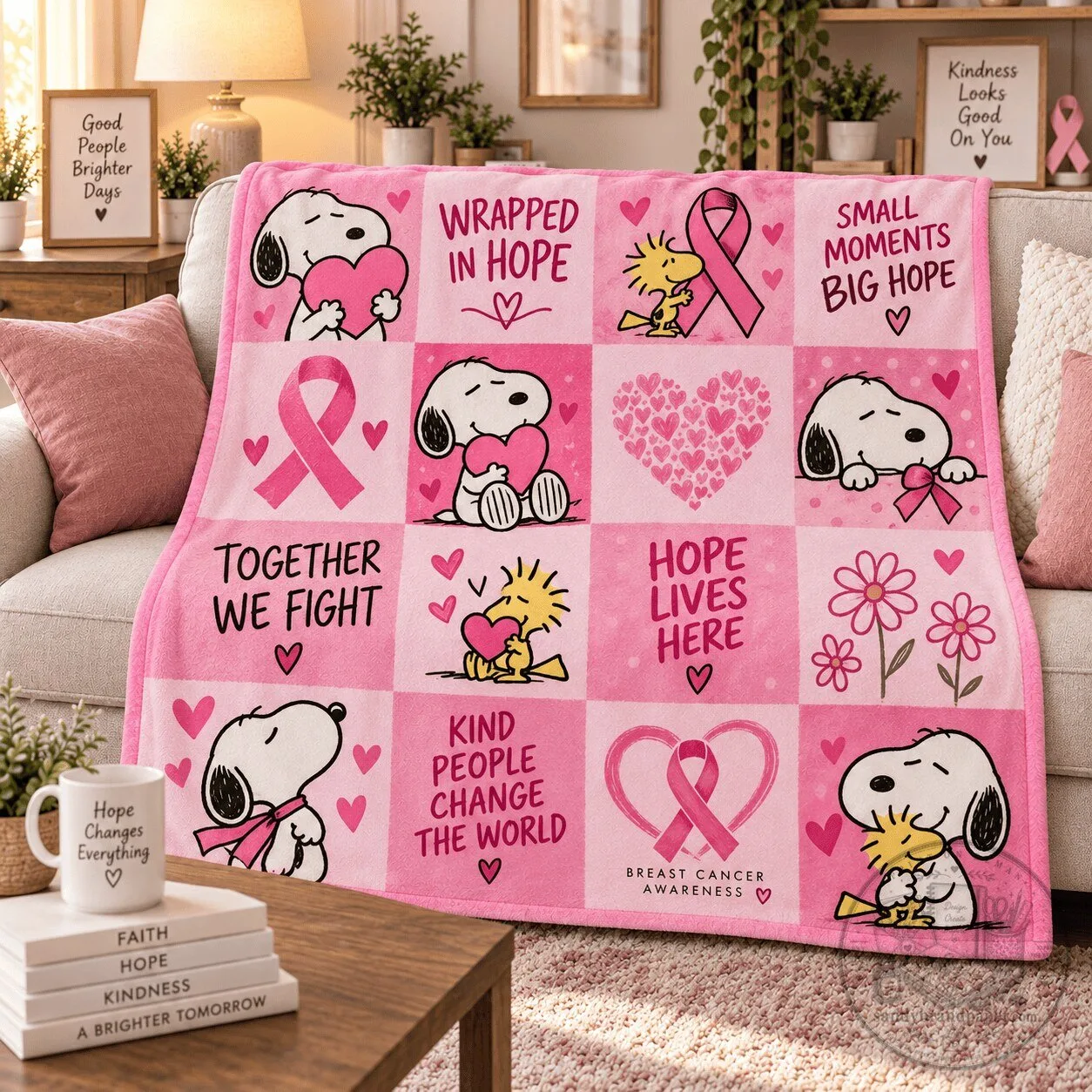 Snoopy and Woodstock Breast Cancer Awareness Pink Patchwork Hope Blanket