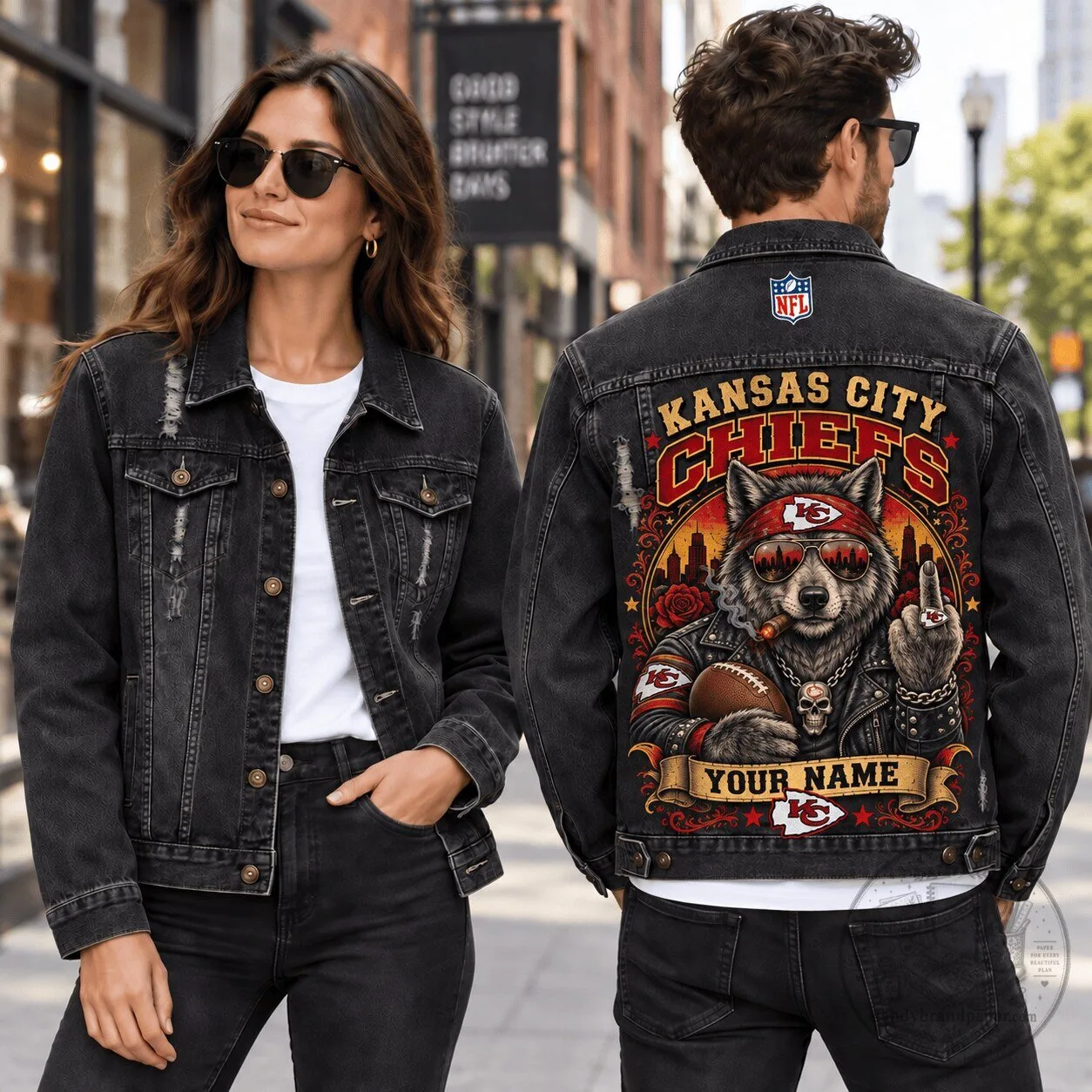 Kansas City Chiefs Wolf Mascot Denim Jacket Custom Name For Fan