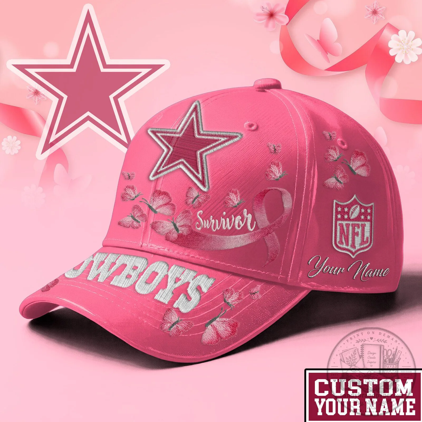 Dallas Cowboys Breast Cancer Survivor Pink Embroidered Cap Hat