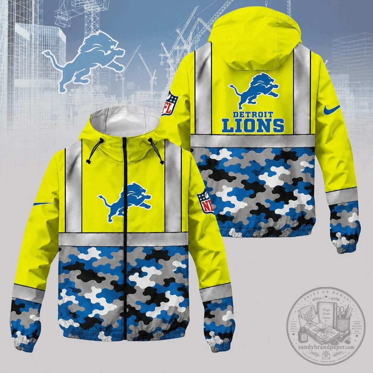 Detroit Lions NFL Blue Camouflage Reflective High Visibility Windbreaker Jacket