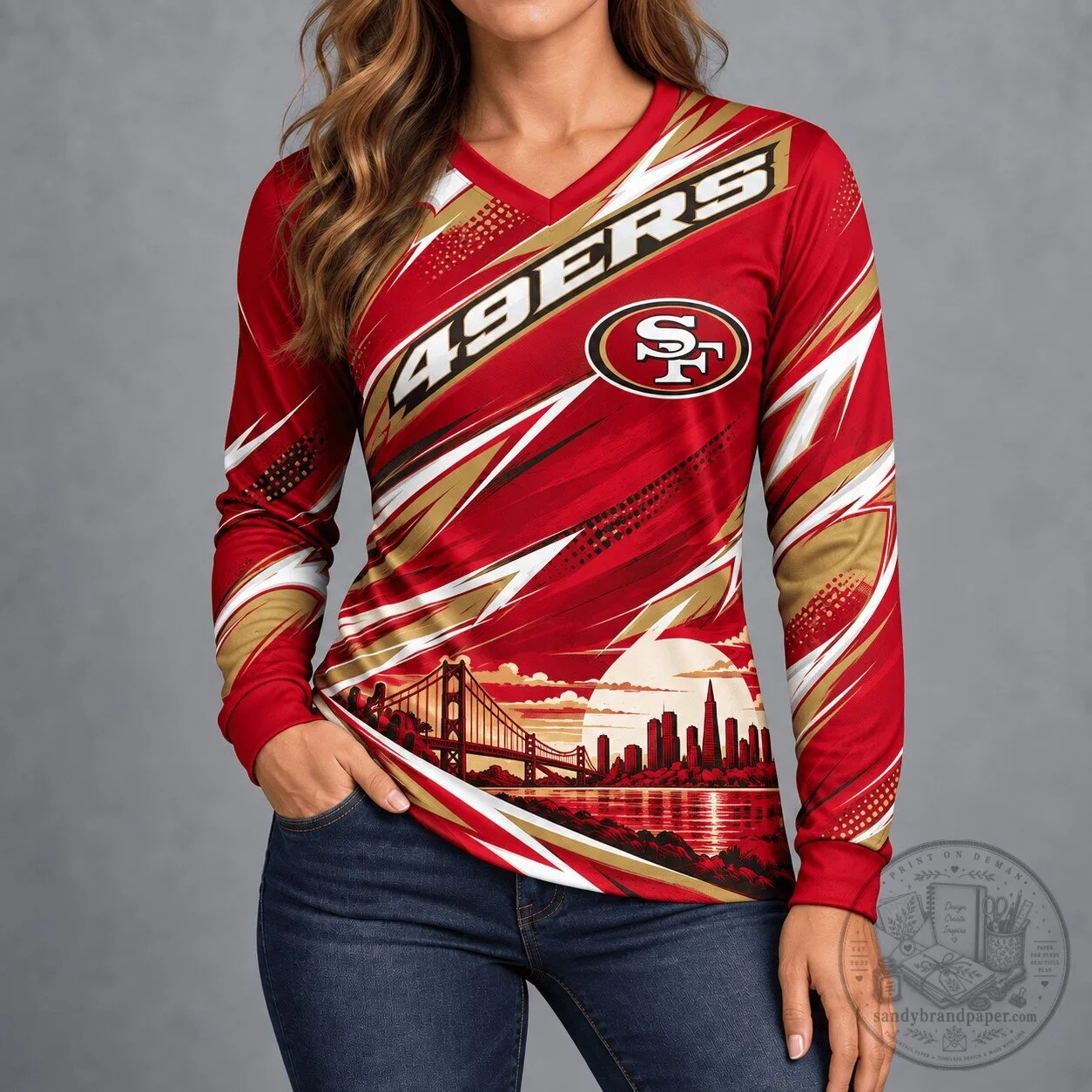 San Francisco 49ers City Horizon Women's Red Gold Long-Sleeve V-Neck Shirt