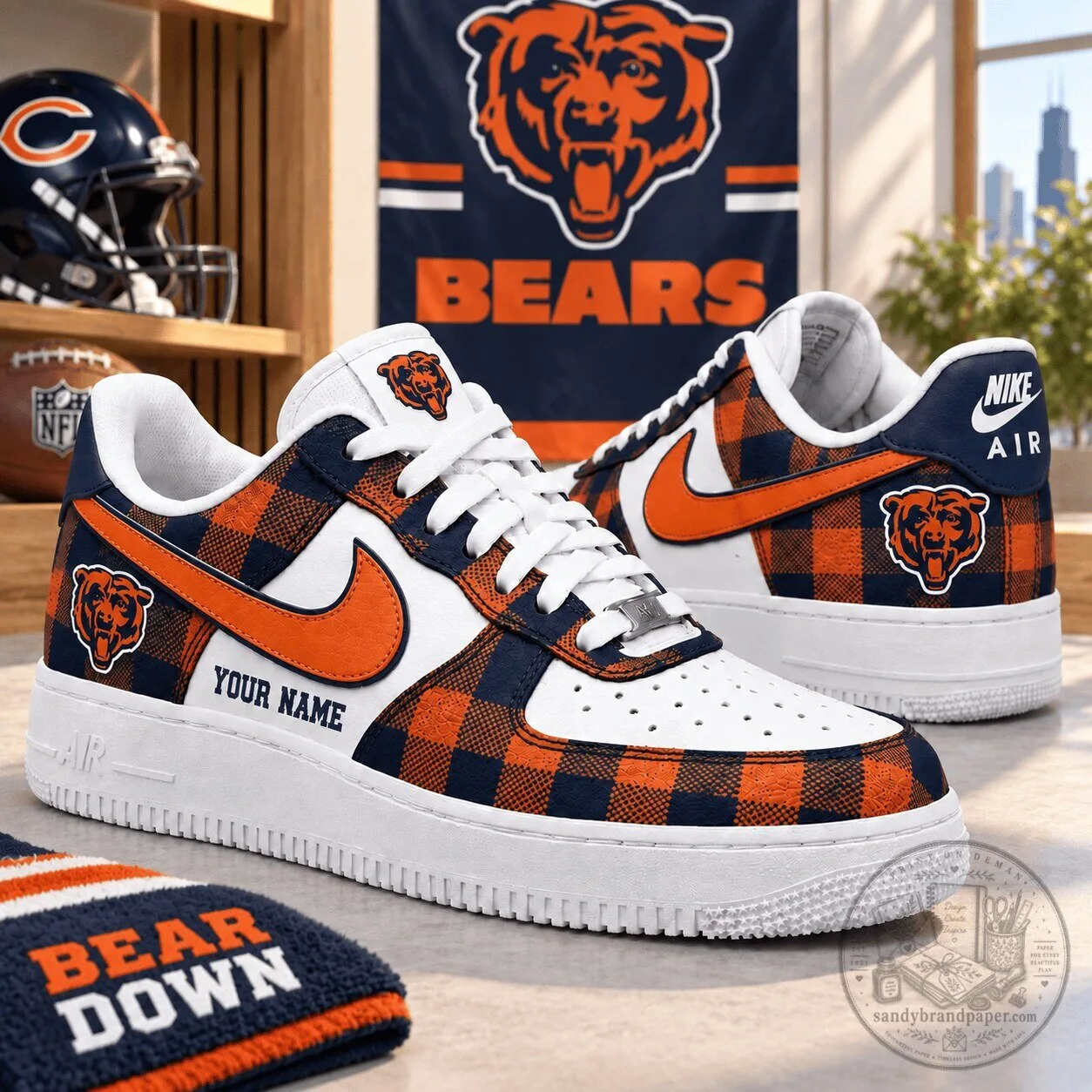 Chicago Bears Personalized Plaid Pattern Nike Air Force 1 Shoes