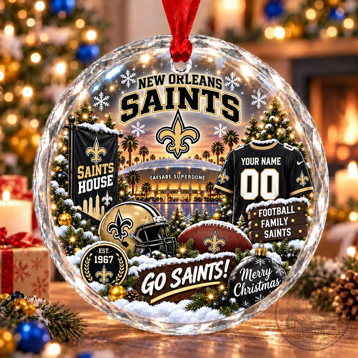 New Orleans Saints Christmas Stadium Snow Vibe Glass Ornament