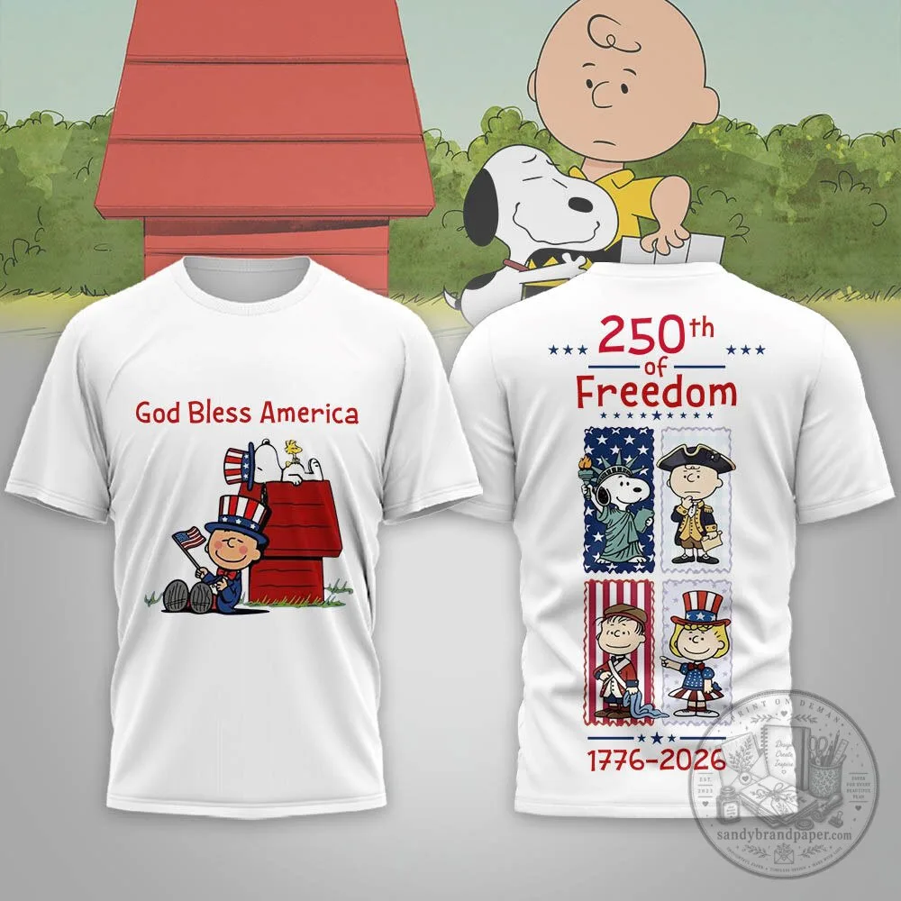 Fourth of July Peanuts Snoopy and Charlie Brown 250th Freedom Celebration T-Shirt