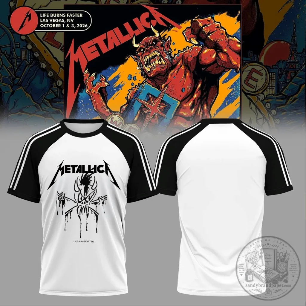 Metallica Life Burns Faster Las Vegas M72 World Tour Black and White T-Shirt Metallica Life Burns Faster Las Vegas M72 World Tour Black and White T-Shirt