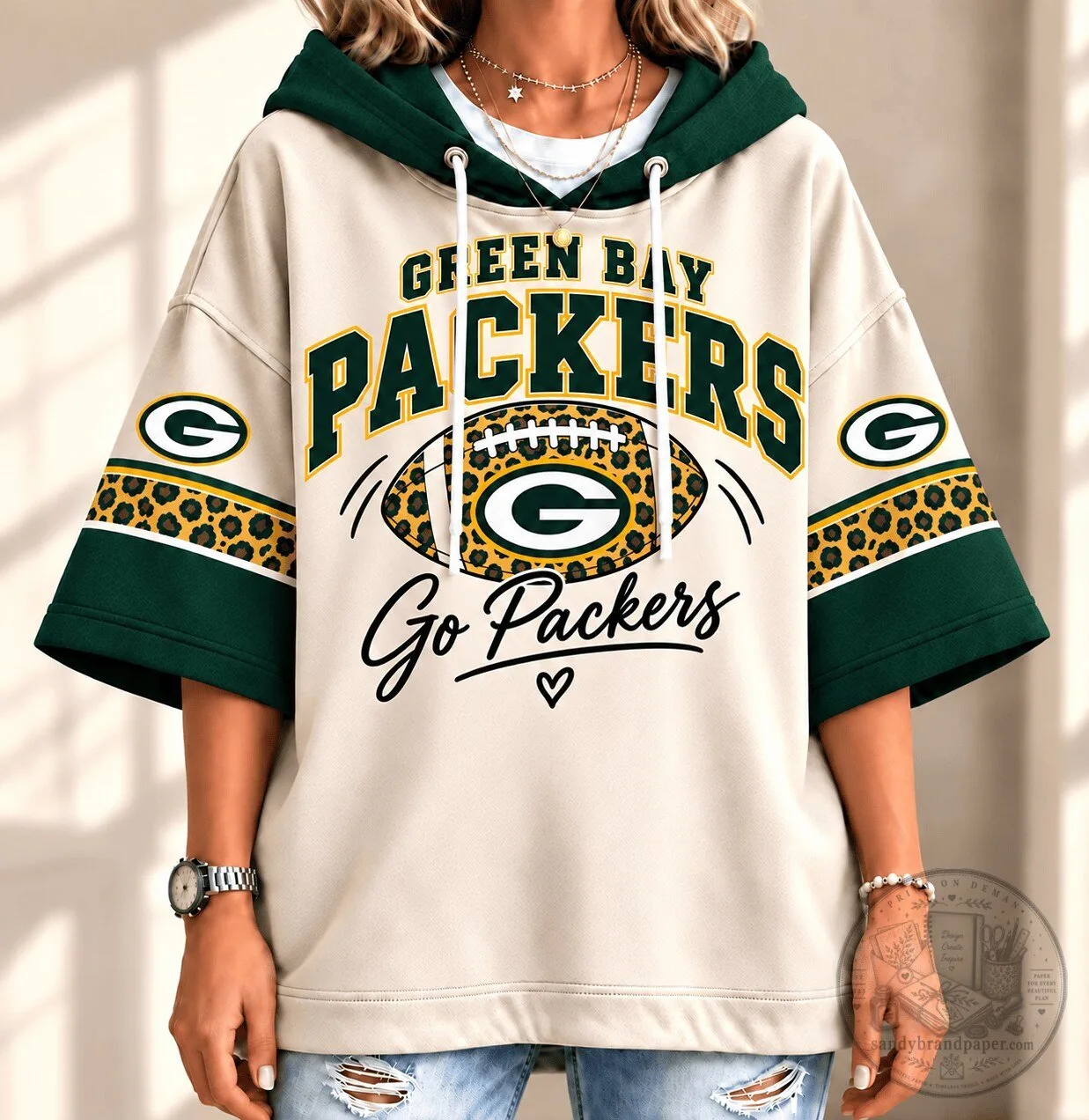 Green Bay Packers Leopard Print Oversized Short Sleeve Hoodie for Women