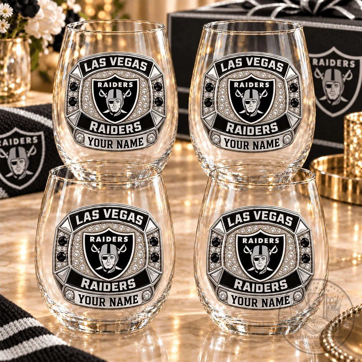 Las Vegas Raiders Personalized Stemless Wine Glasses Set of Four