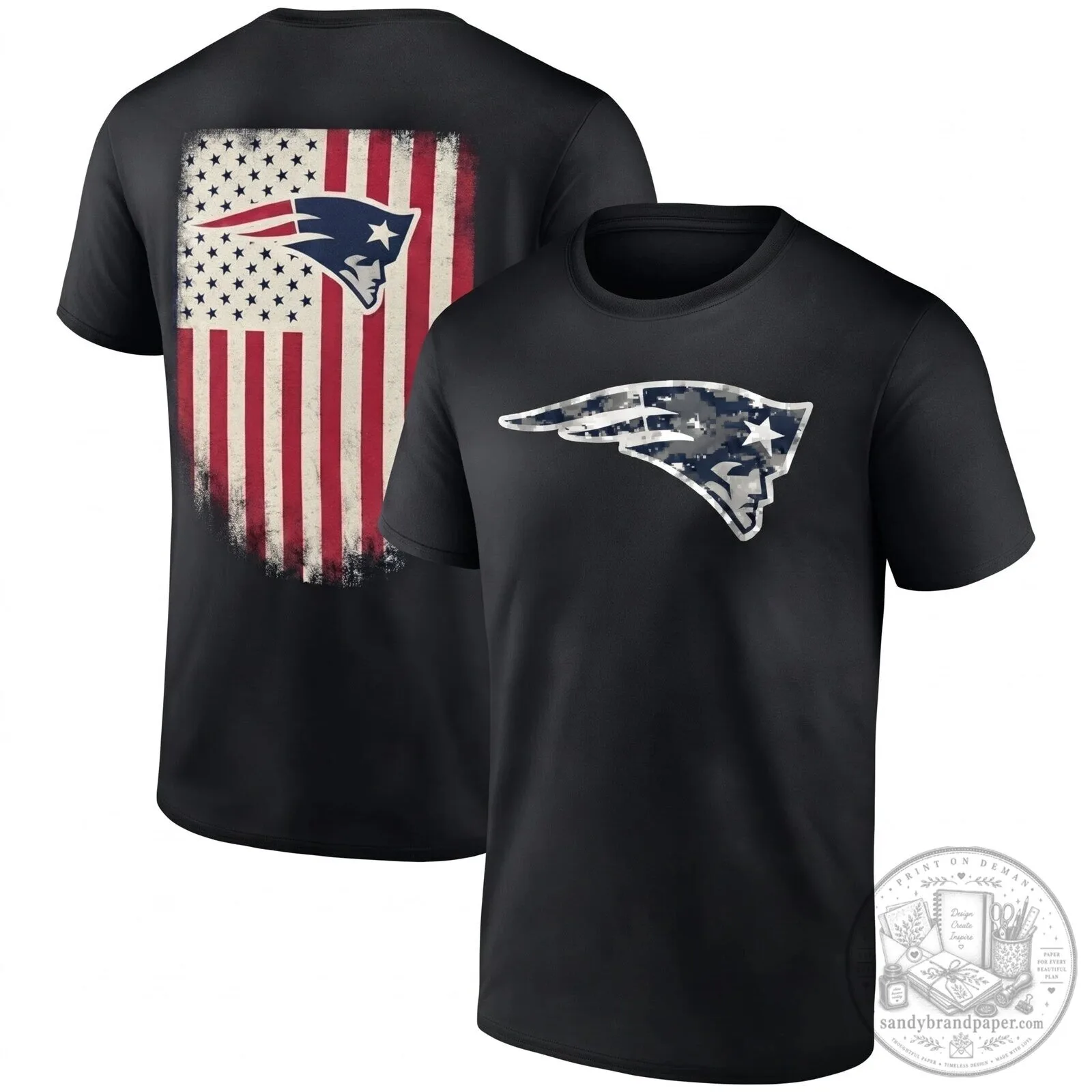 Distressed Black T-Shirt featuring American Flag for New England Patriots Salute To Service