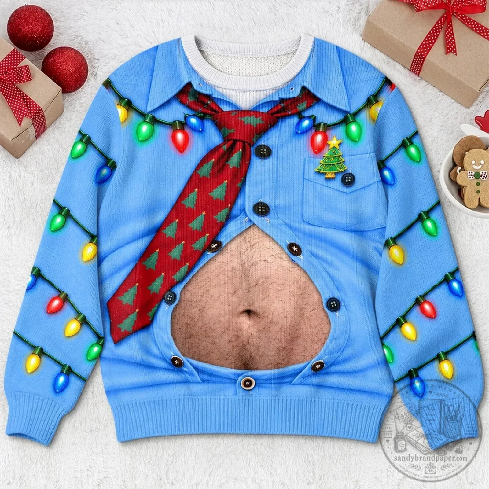 Funny Christmas Lights Open Shirt Belly Ugly Holiday Sweater