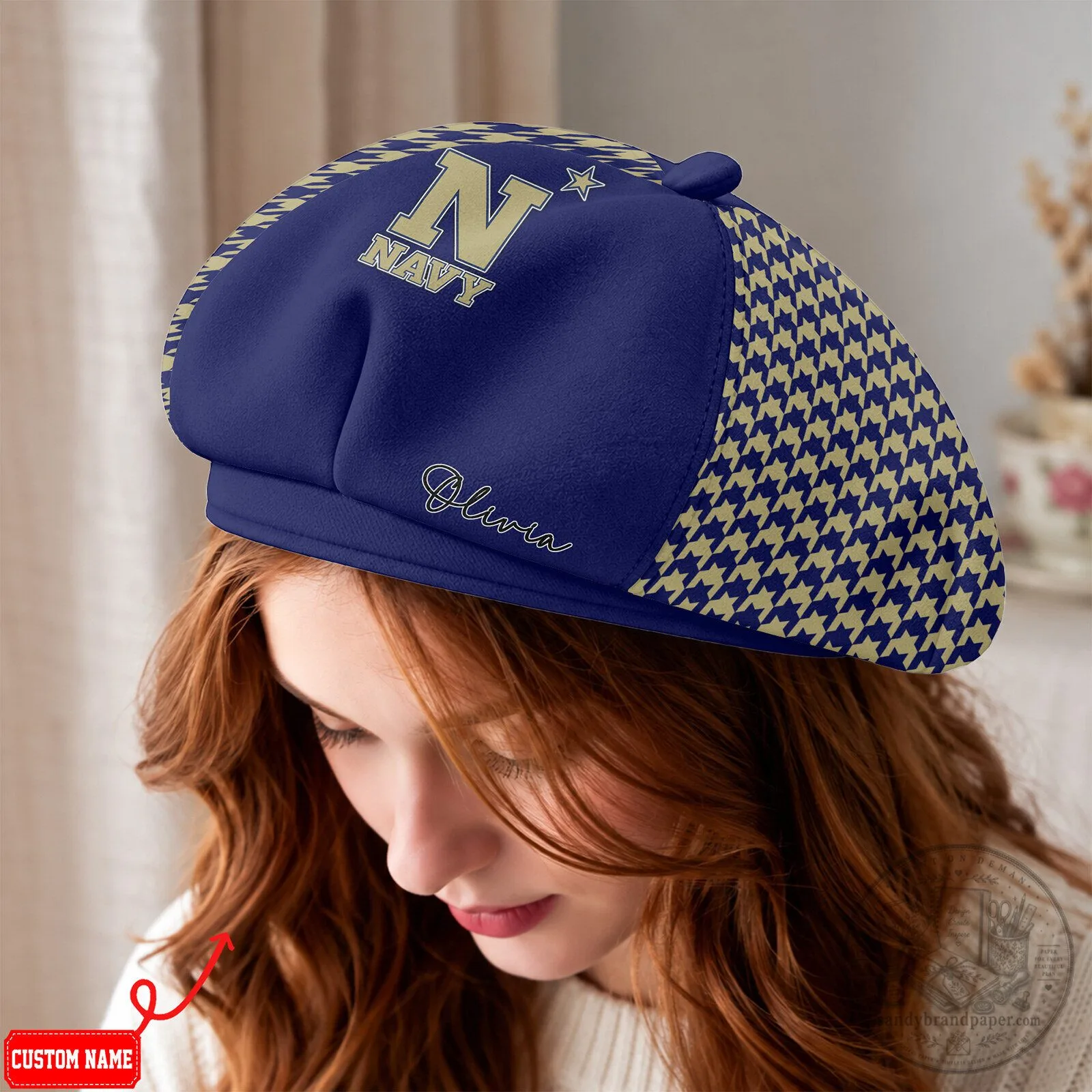Navy Midshipmen Women's Houndstooth Beret Hat with Custom Name