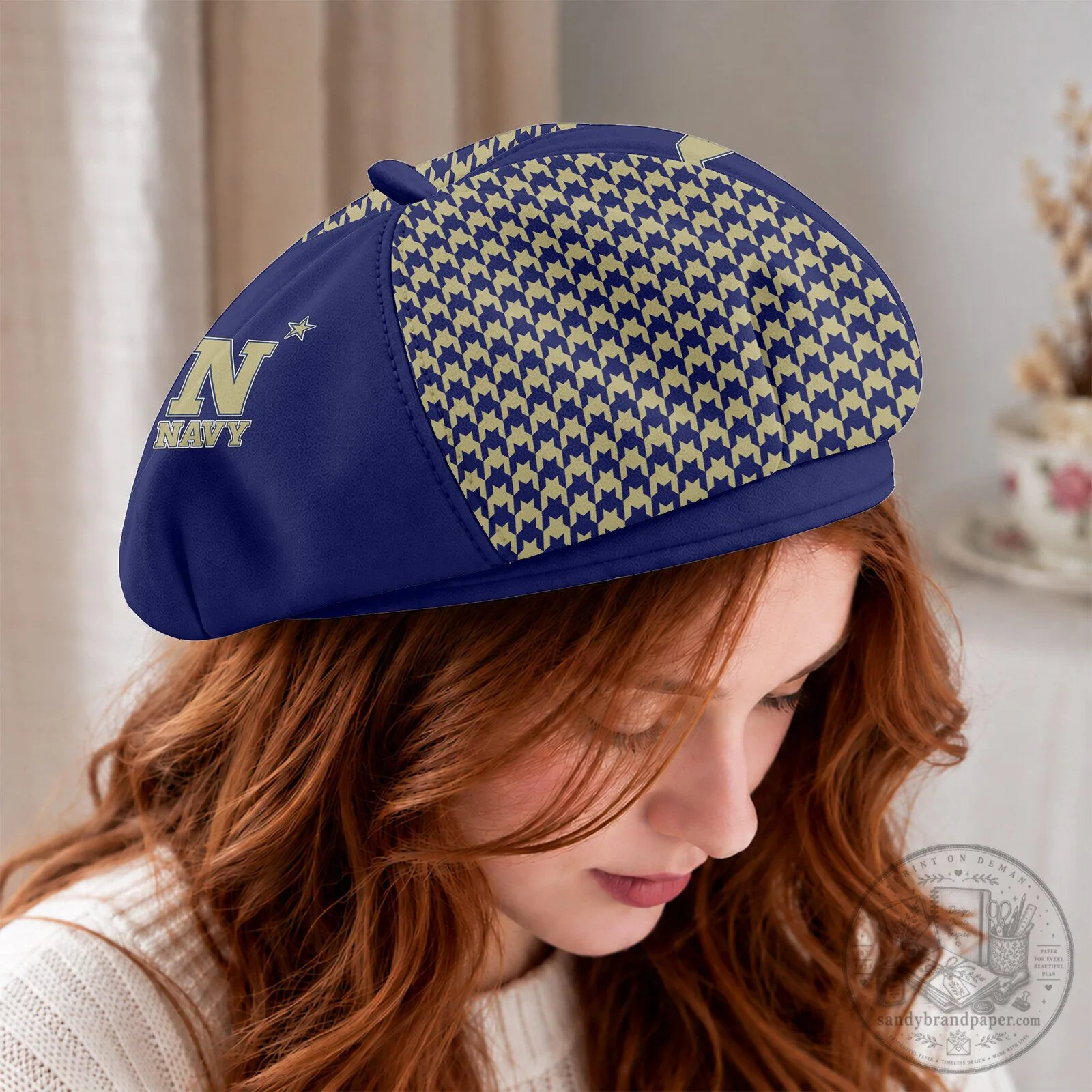 Navy Midshipmen Women's Houndstooth Beret Hat with Custom Name 5 Navy Midshipmen Women