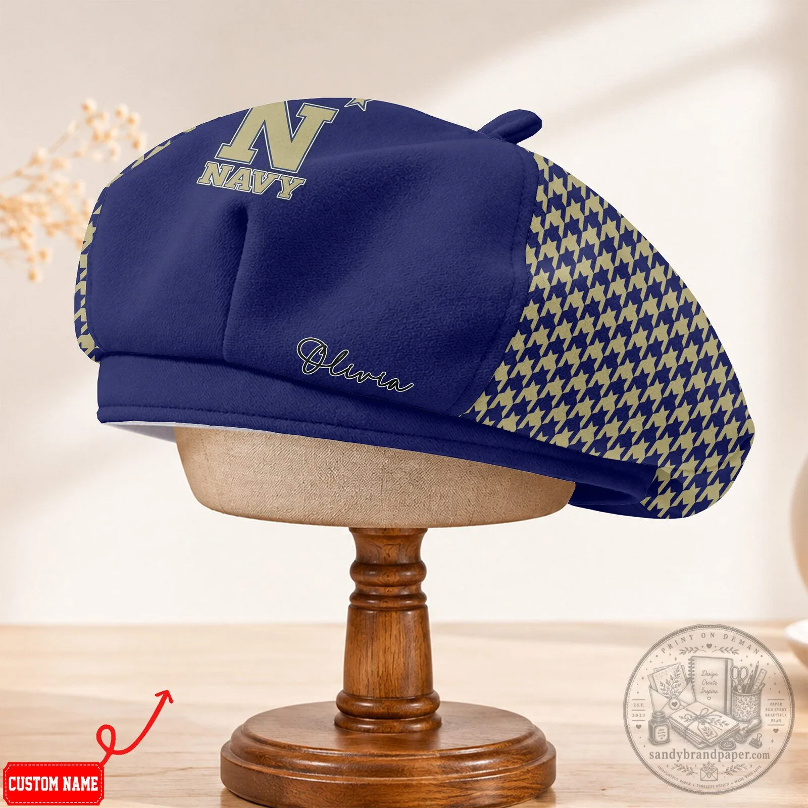 Navy Midshipmen Women's Houndstooth Beret Hat with Custom Name 7 Navy Midshipmen Women